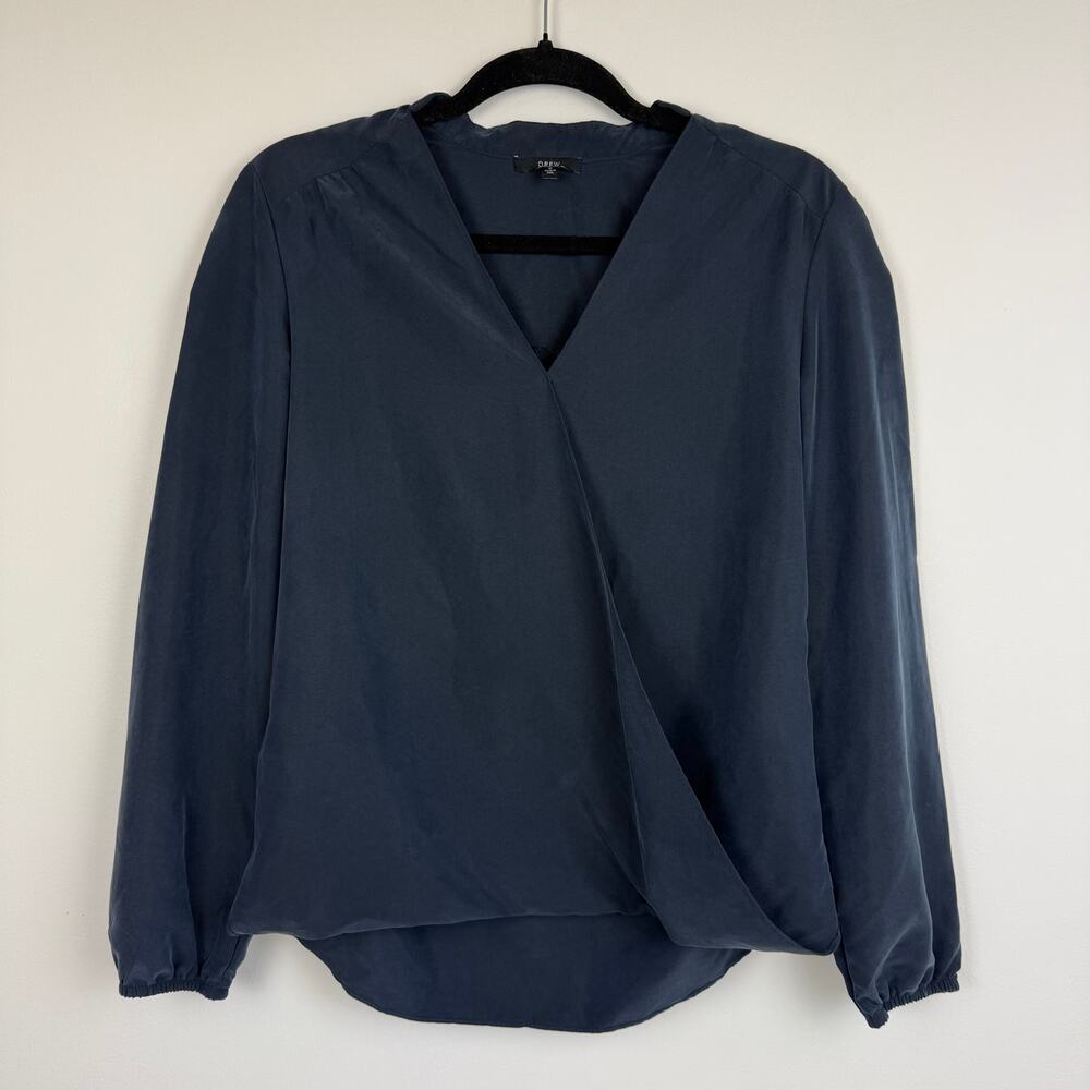 Drew Womens V-Neck Wrap Long Sleeve Career Popover Navy Blue Blouse Top Small